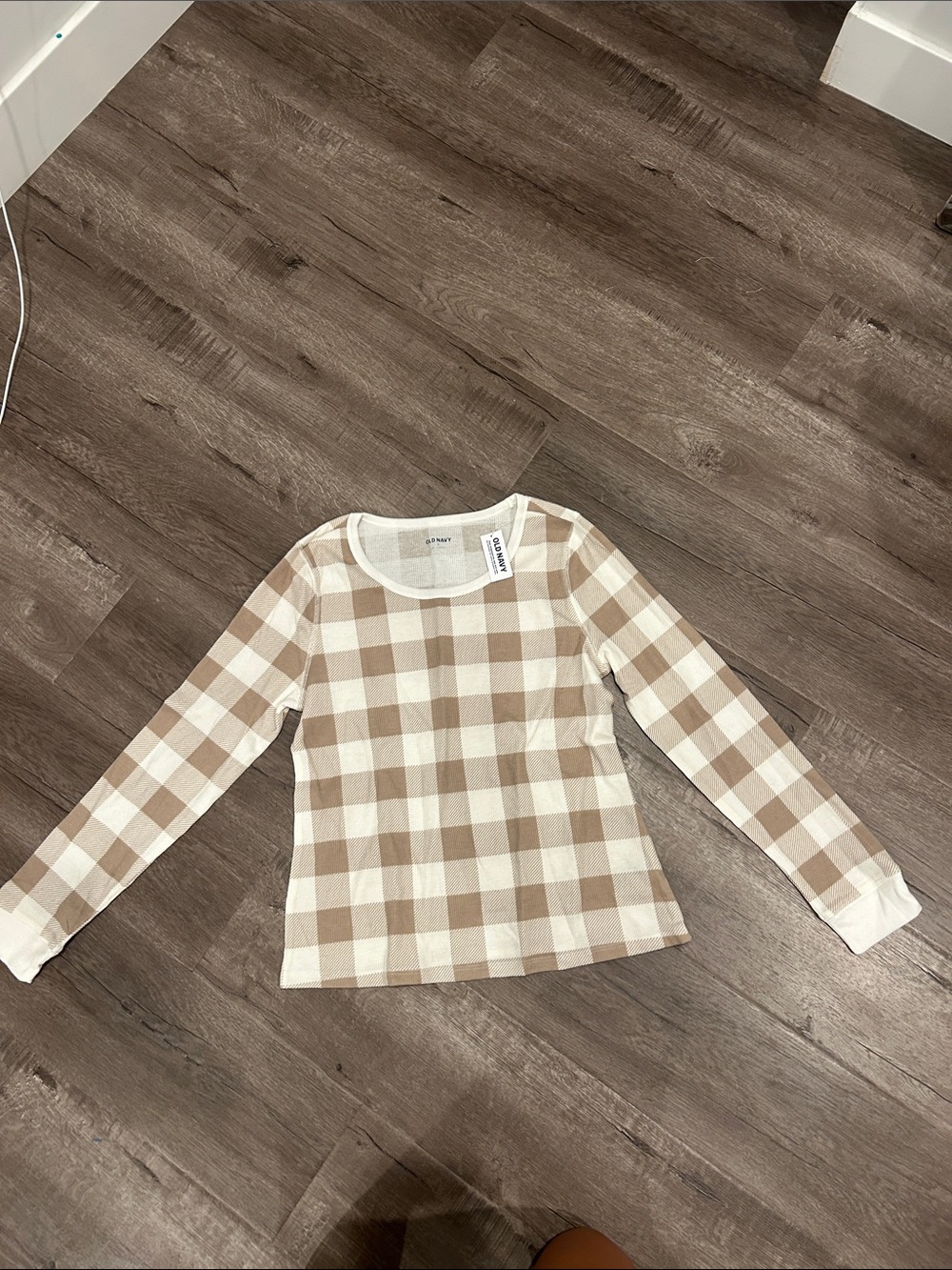 Old Navy Cream & Tan Buffalo Check Long Sleeve Top